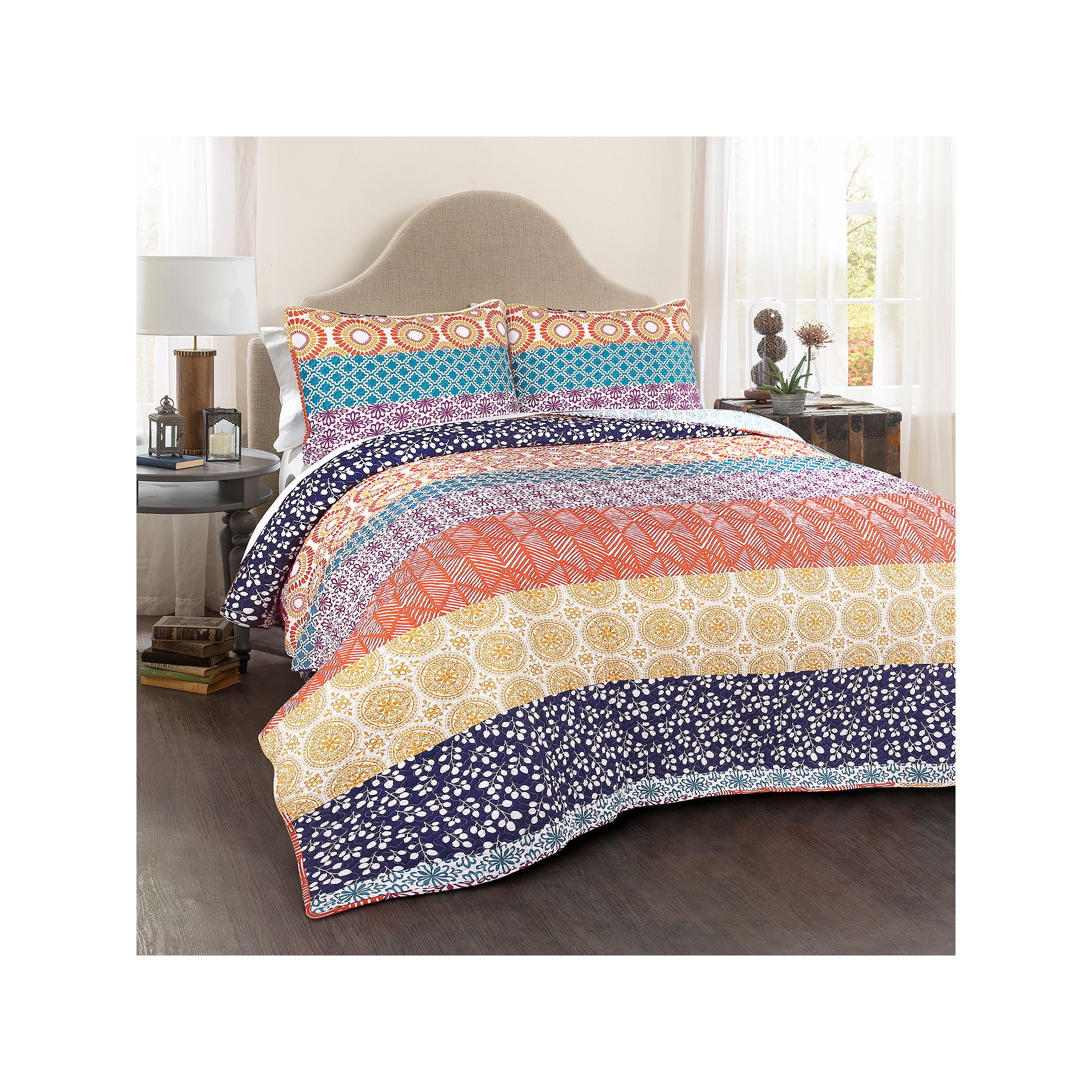 Lush Decor Bohemian Stripe Quilt Set, Bright Pink
