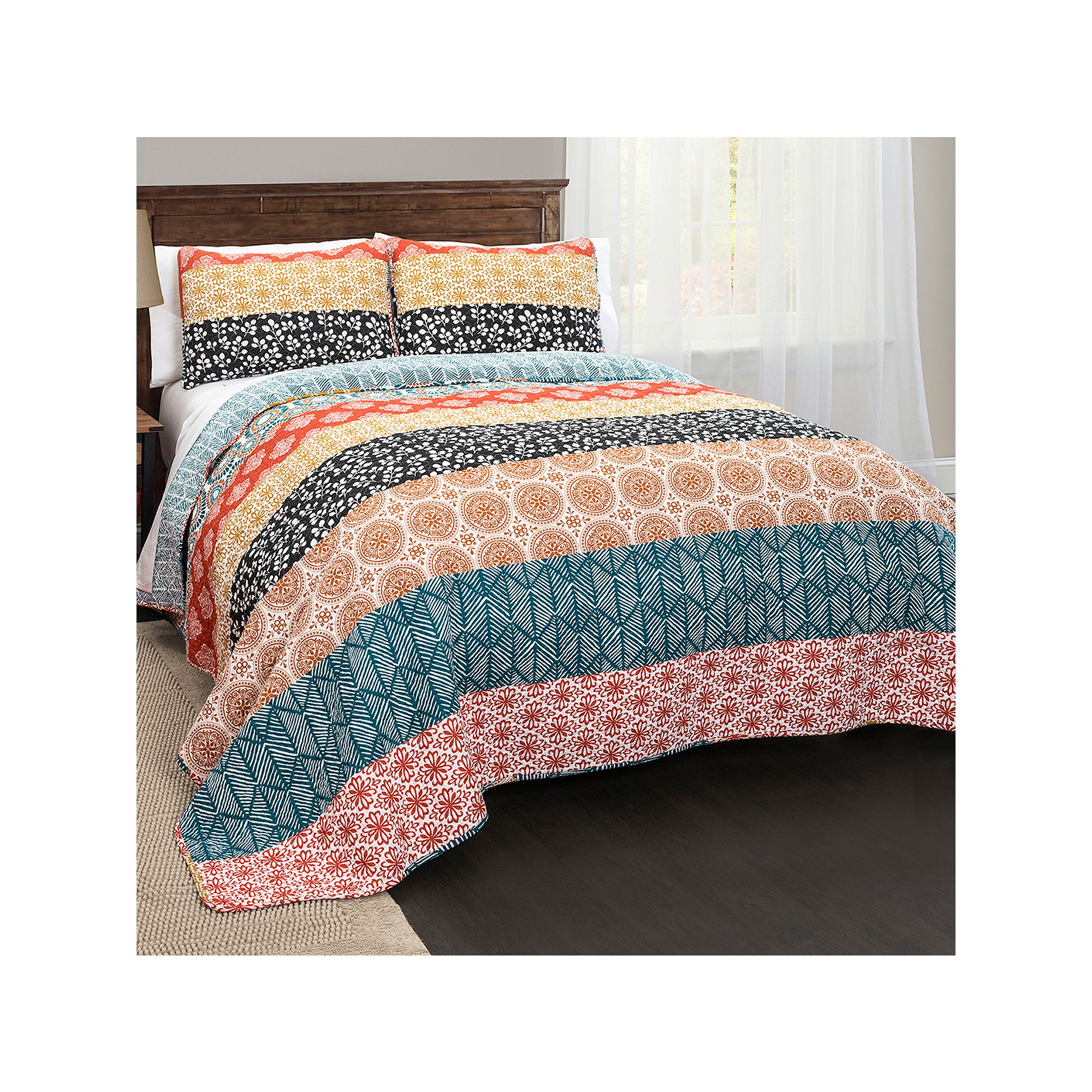 Lush Decor Bohemian Stripe Quilt Set, Orange Navy