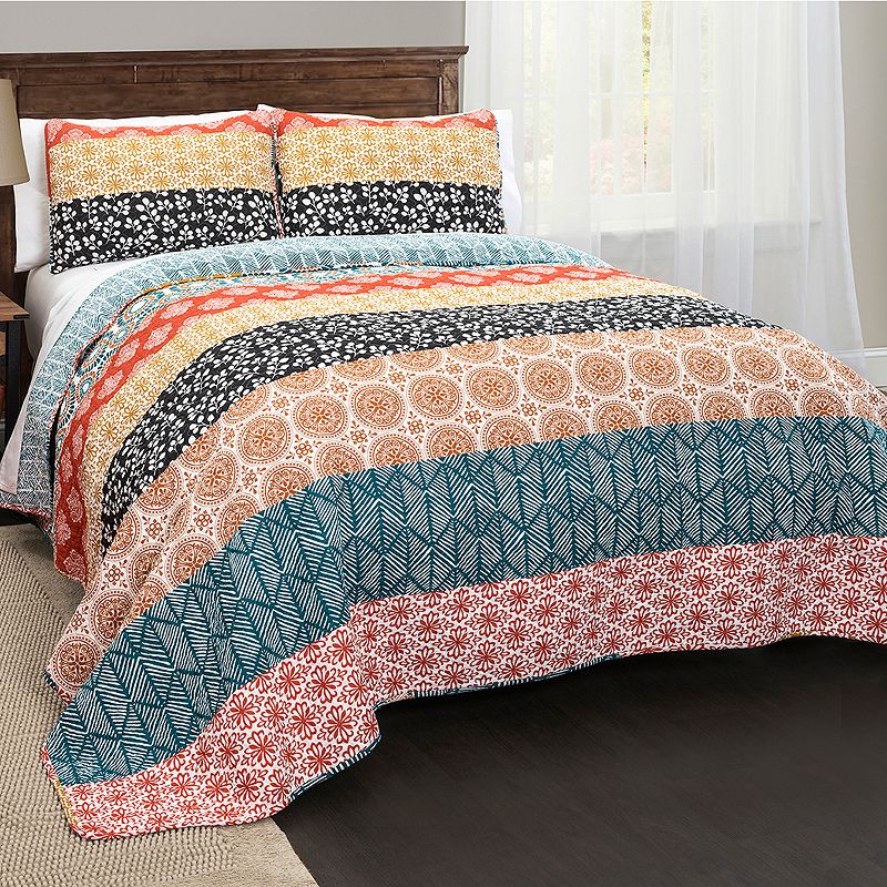 Lush Decor Bohemian Stripe Quilt Set, Orange, King