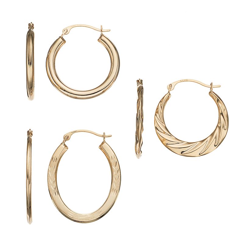 Forever 14K Oval & Textured Hoop Earring Set, Womens, Gold