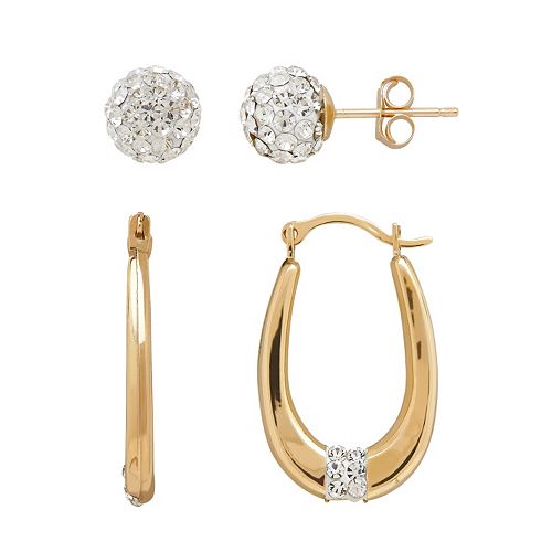 Everlasting Gold 10k Gold Crystal Ball Stud & UHoop Earring Set