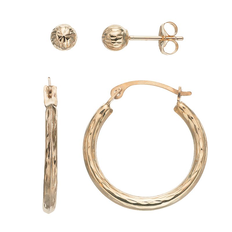 Forever 14K Textured Hoop & Ball Stud Earring Set, Womens, Gold