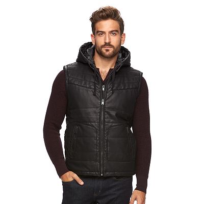 Men s Marc Anthony Slim Fit Quilted Faux Leather Hooded Puffer Vest
