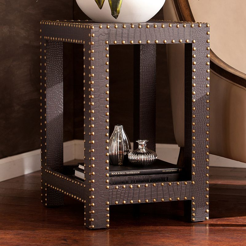 Faux Reptile Nailhead Accent End Table, Brown