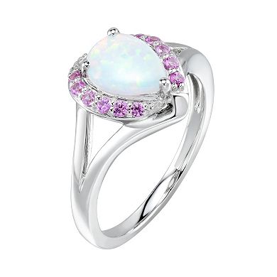 Sterling Silver Lab-Created White Opal & Pink Sapphire Teardrop Halo Ring