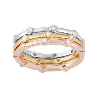 Tri-Tone Sterling Silver Cubic Zirconia Stack Ring Set