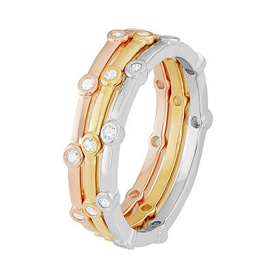 Tri-Tone Sterling Silver Cubic Zirconia Stack Ring Set