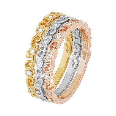 Tri-Tone Sterling Silver Cubic Zirconia Scroll Stack Ring Set