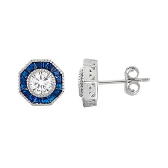 Sterling Silver Cubic Zirconia & Lab-Created Blue Spinel Halo Stud Earrings