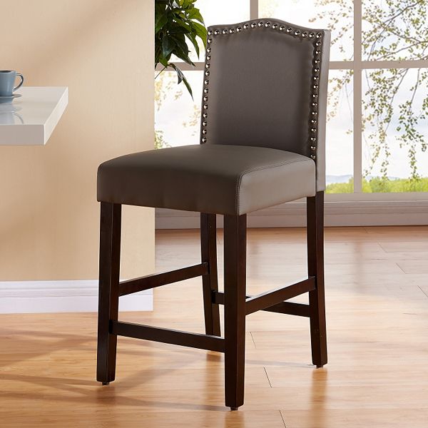 Leather Bar Stool With Back 34" Seat Height Espresso Wood Frame Nailheads 