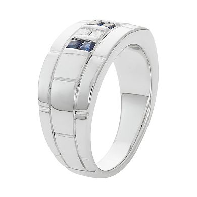 Men's Sterling Silver Lab-Created Sapphire & 1/10 Carat T.W. Diamond Ring