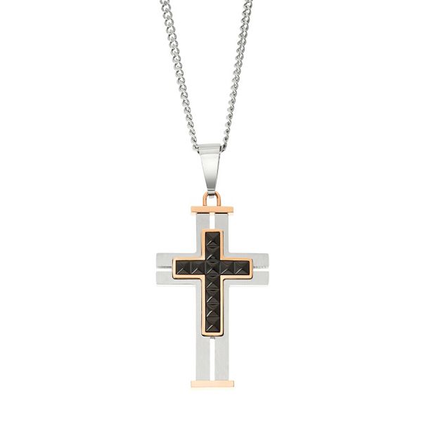 Men's Two Tone Stainless Steel Cross Pendant Necklace