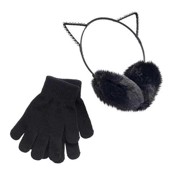 Girls 416 SO® Rhinestone Cat Ears FauxFur Earmuffs & Gloves Set