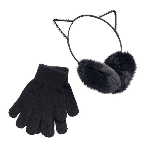 Girls 4 16 So Rhinestone Cat Ears Faux Fur Earmuffs Gloves Set