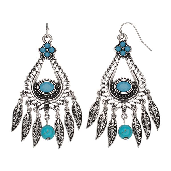 Simulated Turquoise Antiqued Nickel, Chandelier Style Turquoise Earrings
