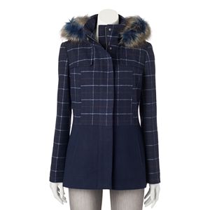 Juniors' Pink Envelope Faux-Fur Plaid Wool Jacket