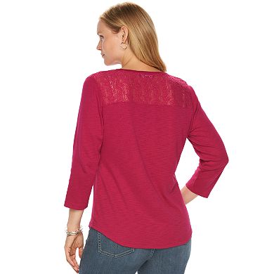 Plus Size Chaps Lace-Yoke Slubbed Henley