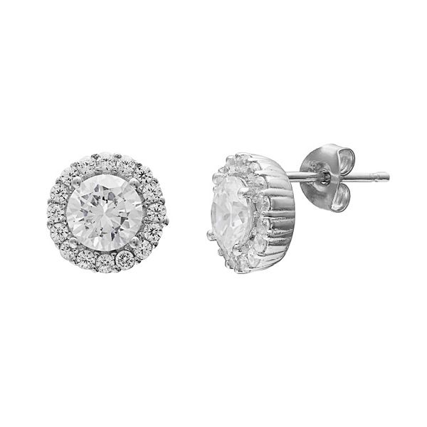 Sterling Silver Cubic Zirconia Halo Stud Earrings with 'Rubover' Detail main image 0