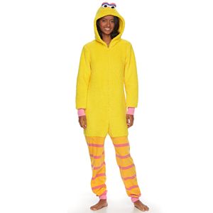 Juniors' Sesame Street Big Bird Hooded Sherpa One-Piece Pajamas