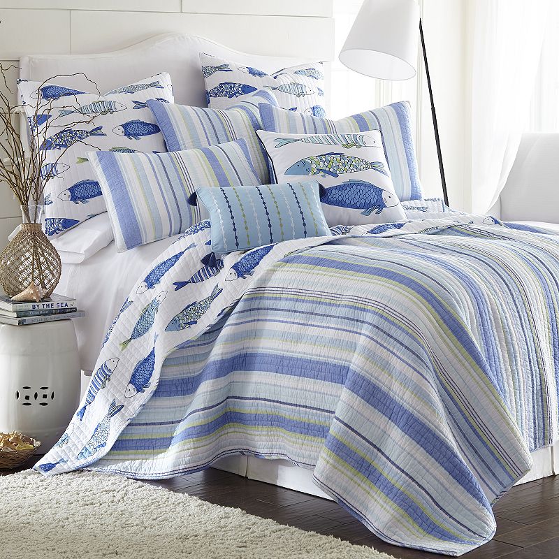 Levtex Home - Catalina Quilt Set -Full/Queen Quilt + Two Standard Pillow Shams - Striped Coastal Pattern In Blues and Greens - Quilt Size (88 x 92 ) and Pillow Sham Size (26 x 20 )- Reversible -Cotton