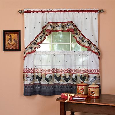 Rooster 3 piece Swag Tier Kitchen Window Curtain Set