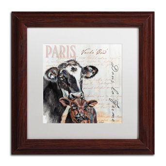Trademark Fine Art Dans "la Ferme" Cow Wood Finish Framed Wall Art