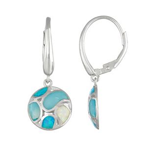 Sterling Silver Lab-Created Blue & White Opal & Lab-Created Larimar Circle Drop Earrings