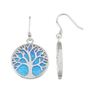 Sterling Silver Lab-Created Blue Opal Tree of Life Drop Earrings
