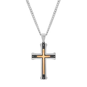 Men's Tri Tone Stainless Steel Diamond Accent Cross Pendant