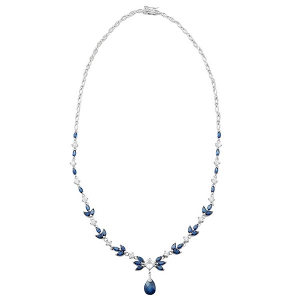 Affinity Cultured Pearl & Created Sapphire Necklace, Sterling ,Silver