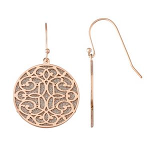 18k Rose Gold Over Silver Glitter Filigree Disc Drop Earrings
