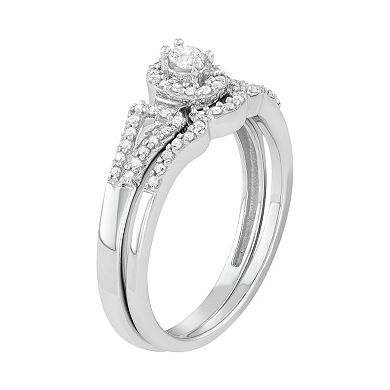 Jewelexcess 10k White Gold 1/4 Carat T.W. Diamond Halo Engagement Ring Set