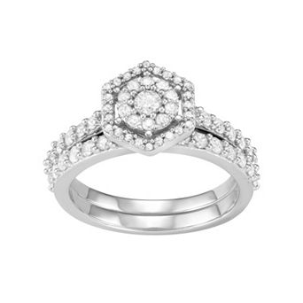 Jewelexcess 10k White Gold 1 Carat T.W. Diamond Tiered Halo Engagement Ring Set