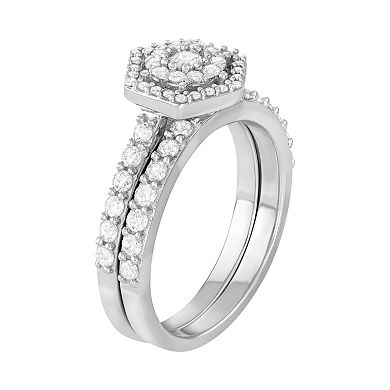 Jewelexcess 10k White Gold 1 Carat T.W. Diamond Tiered Halo Engagement Ring Set