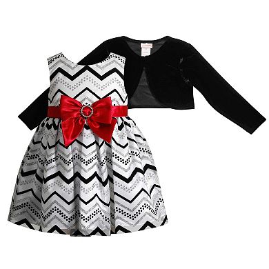 Baby Girl Youngland Velvet Shrug & Glitter Chevron Dress Set