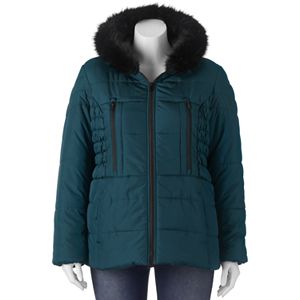 Juniors' Plus Size Pink Envelope Faux-Fur Hood Puffer Jacket