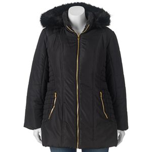 Juniors' Plus Size Pink Envelope Hooded Faux-Fur Puffer Jacket