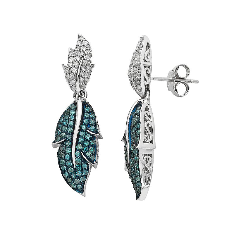 Sterling Silver 1 Carat T.W. Blue & White Diamond Leaf Drop Earrings, Women