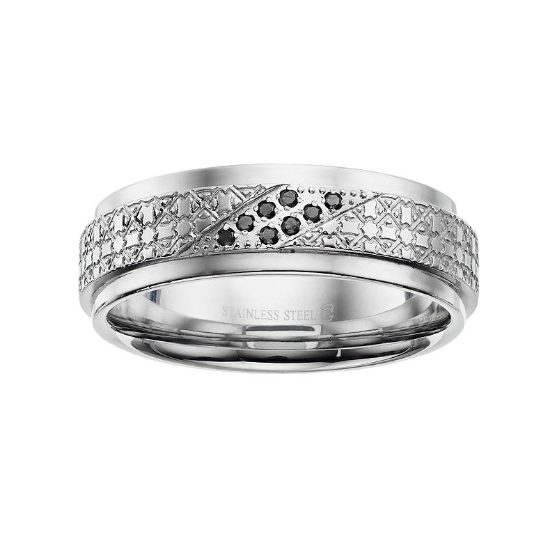 Mens Stainless Steel Black Diamond Accent Textured Ring, Size: 10