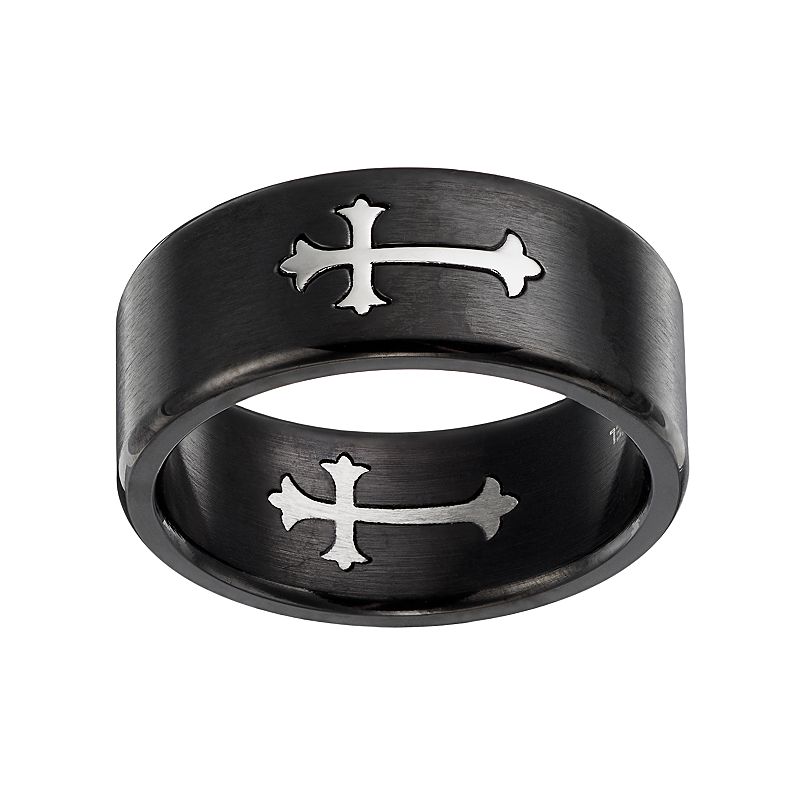 Mens Stainless Steel Cross Ring, Size: 8, Black