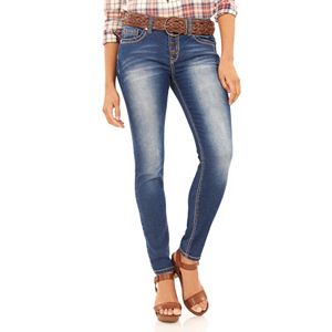 Juniors' Wallflower Belted Embroidered Skinny Jeans