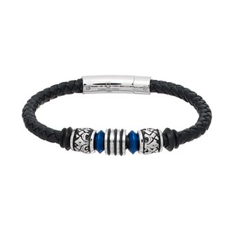 Gold LLC Men's Stainless Steel & Black Leather Beaded Bracelet