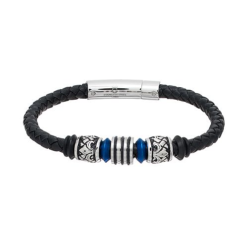 Men's Stainless Steel & Black Leather Beaded Bracelet