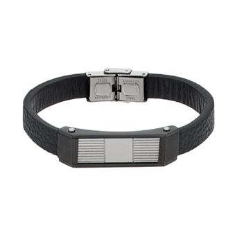 Gold LLC Men's Stainless Steel & Black Leather Bracelet