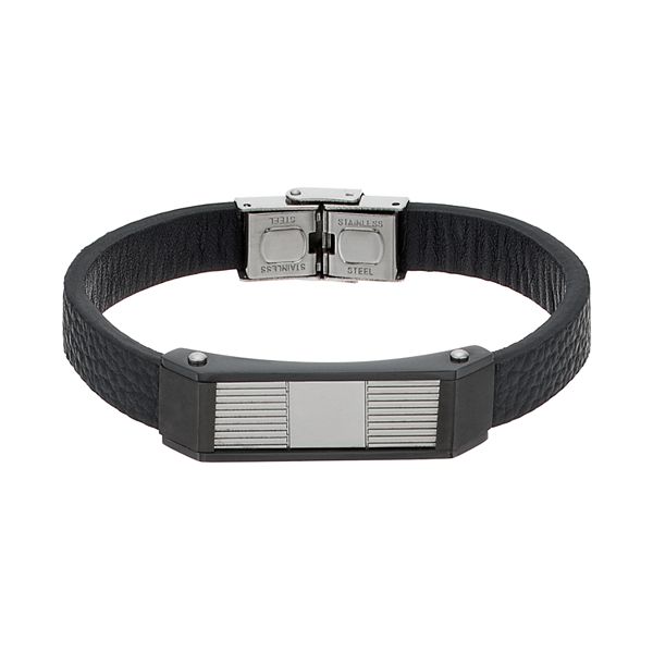 Men's Stainless Steel & Black Leather Bracelet