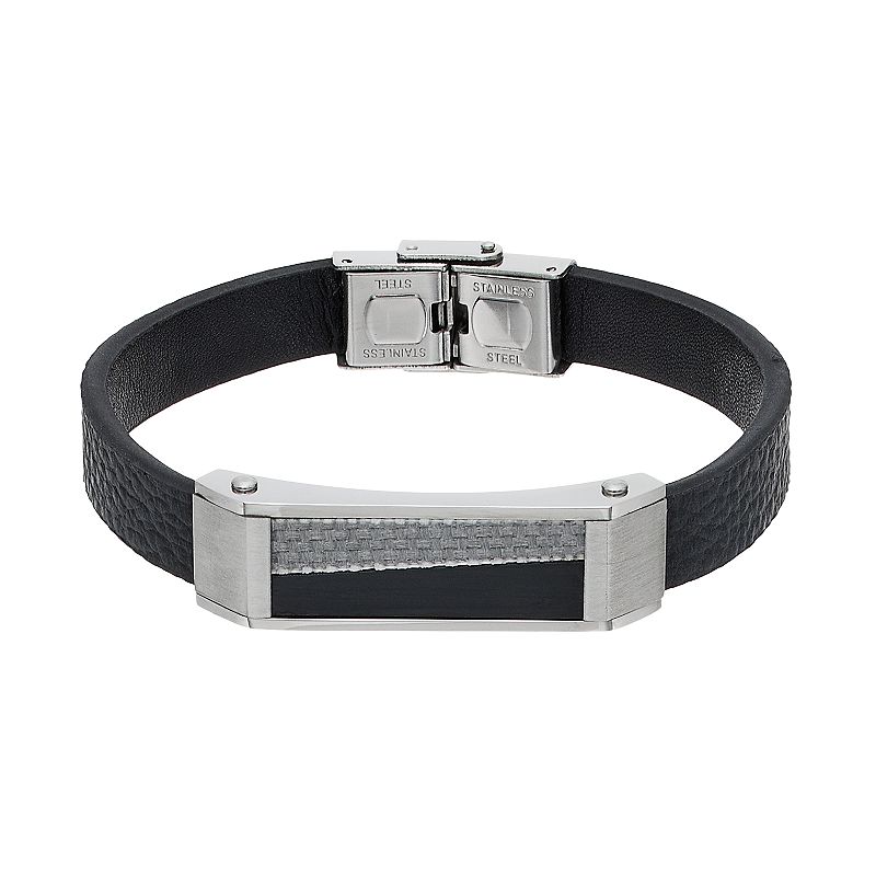 Mens Stainless Steel & Black Leather Carbon Fiber Bracelet, Size: 8.5