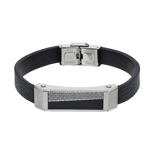 Men's Stainless Steel & Black Leather Carbon Fiber Bracelet