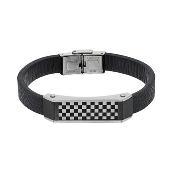 Gold LLC Men's Stainless Steel & Black Leather Checkerboard Bracelet