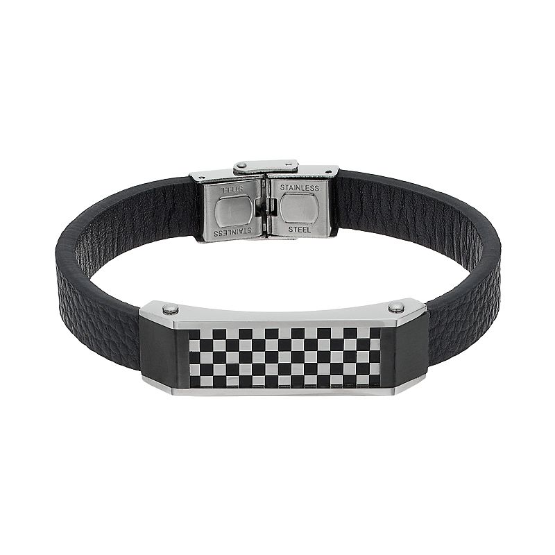 Mens Stainless Steel & Black Leather Checkerboard Bracelet, Size: 8.5