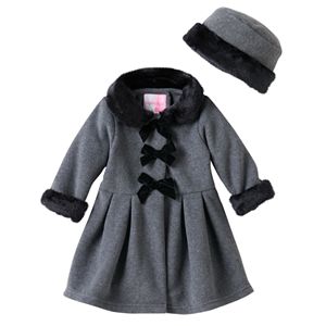Baby Girl Sophie Rose Velvet Bow Faux-Fur Fleece Coat with Hat